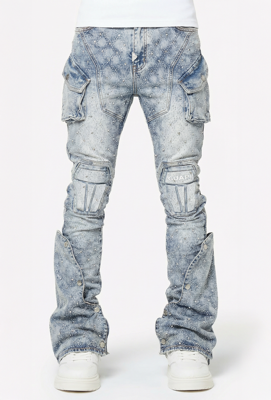 GUAPI JEANS (Aqua Blue Coffin Arc Embellished Denim)