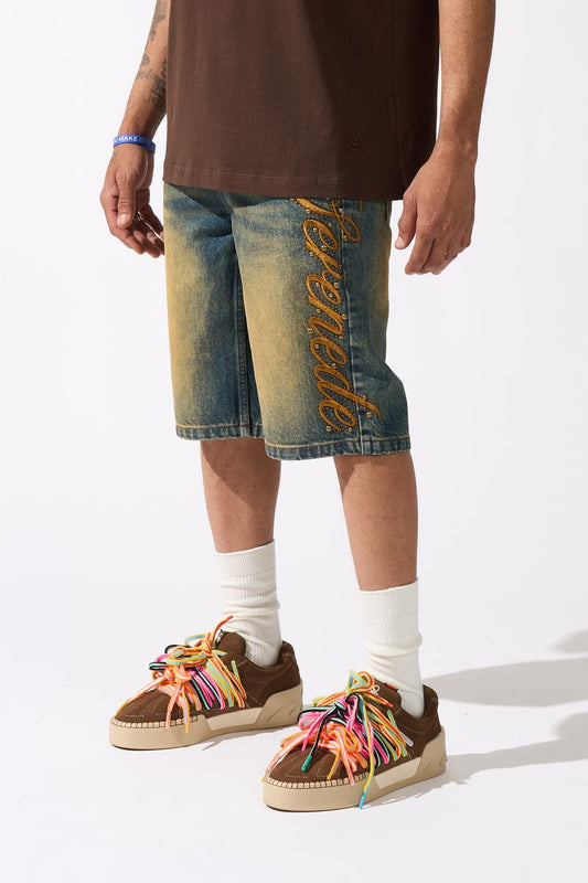 SERENEDE Side Script Dark Denim Shorts