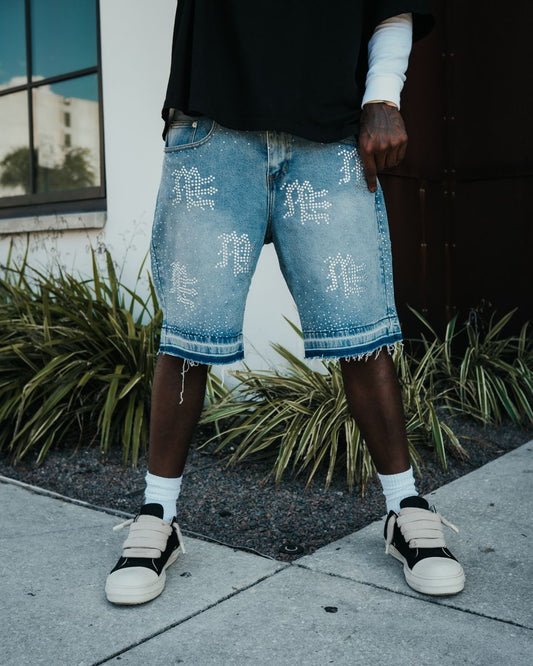 Mixed Emotions ME' Rhinestone Denim Shorts